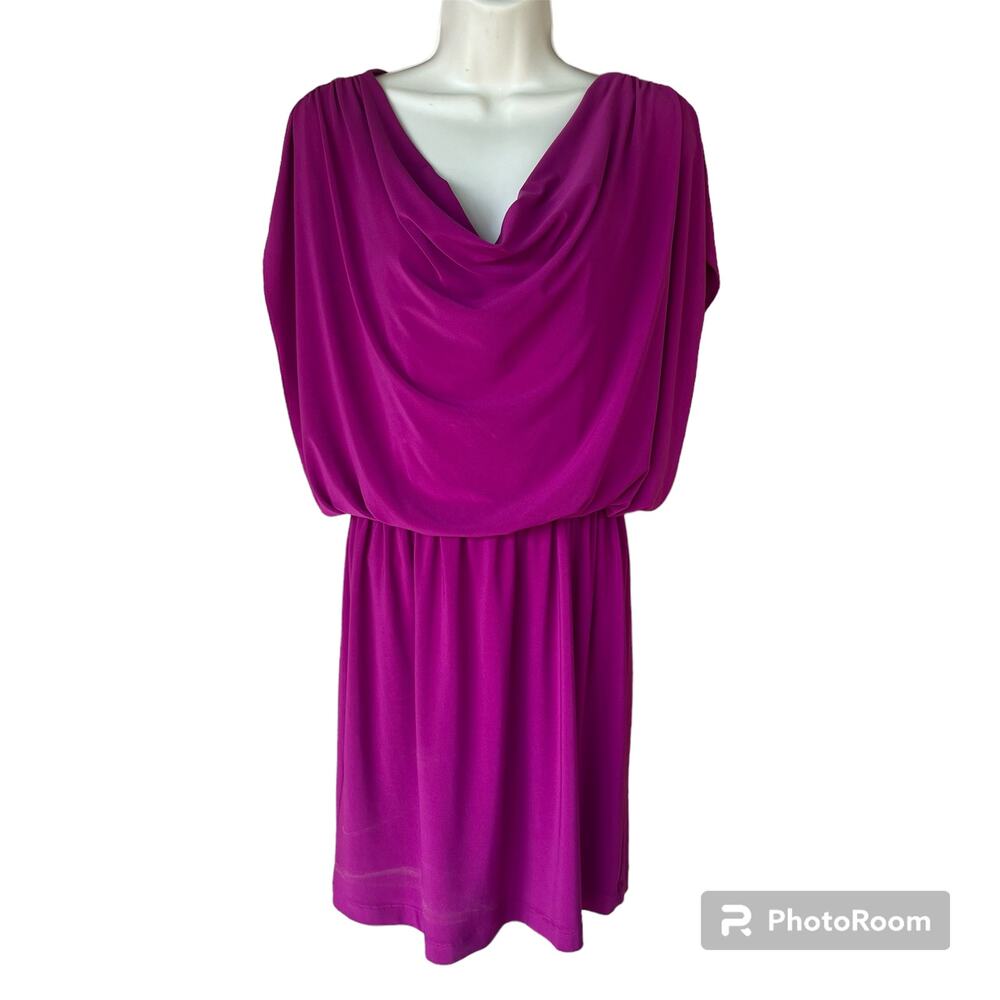 Nine West Blouson Knee Length Dress Flutter Sleeve Drape Neck Womens 8 Purple